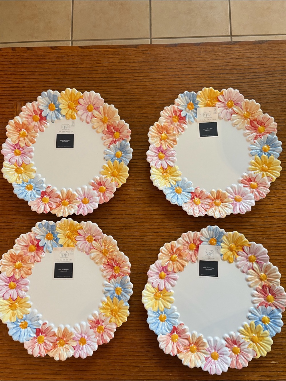 4 NWT Farmhouse Rachel Ashwell Embossed Daisy Floral Melamine Dinner Plates 11"